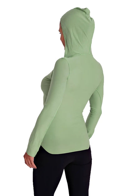 Deep scoop neck long sleeve hoodie top in bamboo green with fitted silhouette and subtle seam detailing