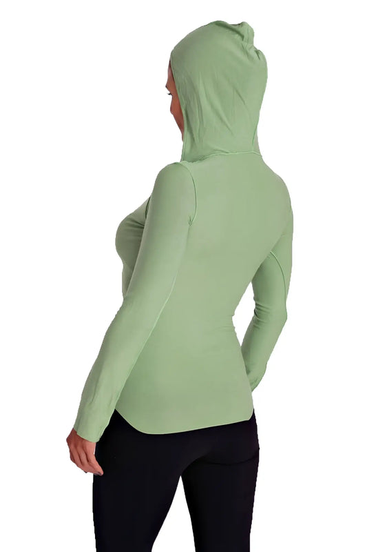 Deep scoop neck long sleeve hoodie top in bamboo green with fitted silhouette and subtle seam detailing