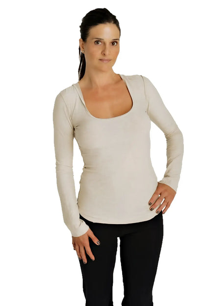 Beige long-sleeved fitted hoodie top with deep scoop neck in soft fabric for casual wear