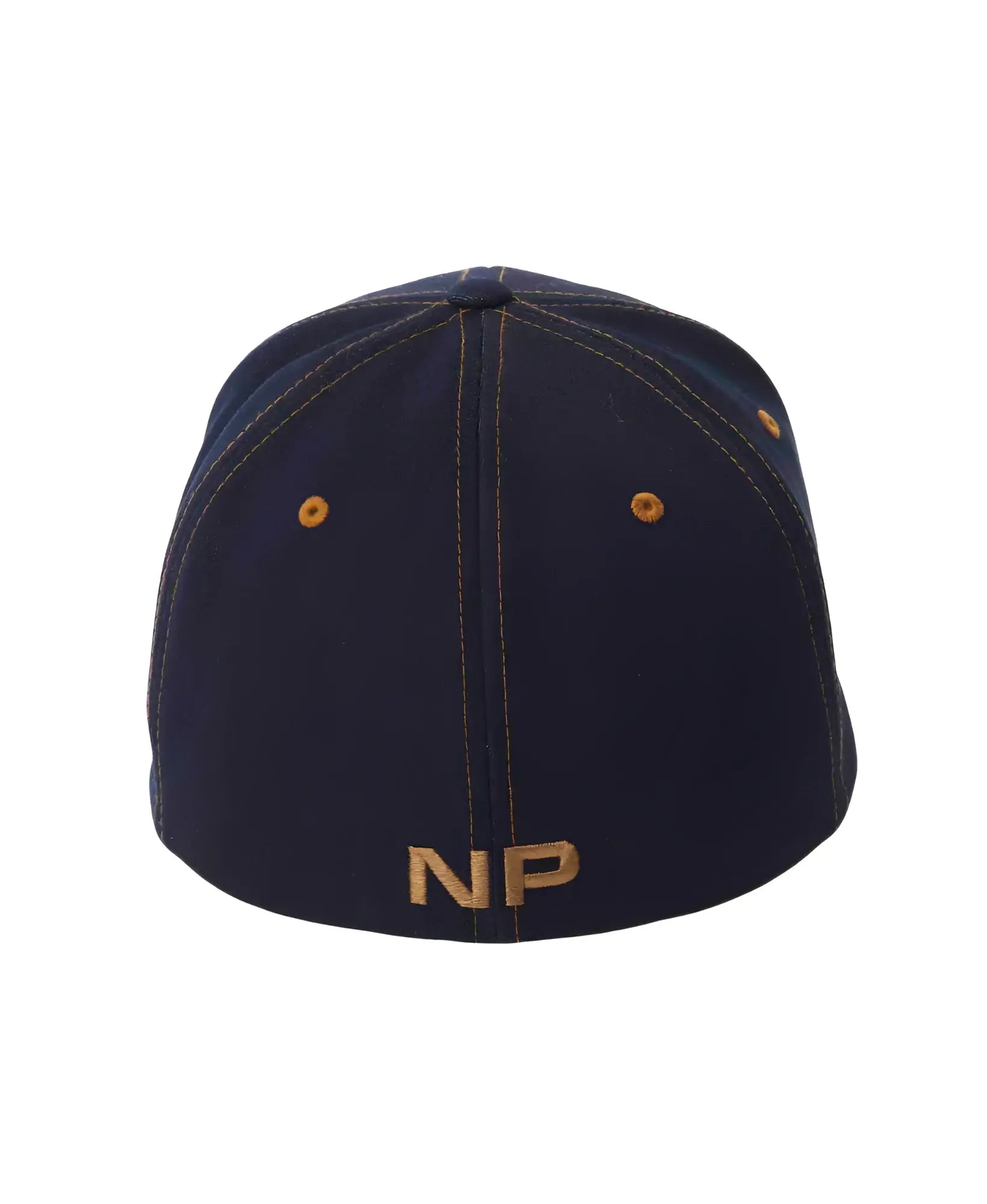 Back view of dark blue denim snout 2-tone cap with gold stitching and embroidered np logo on the back