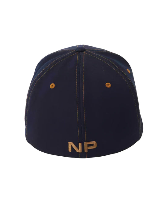 Back view of dark blue denim snout 2-tone cap with gold stitching and embroidered np logo on the back