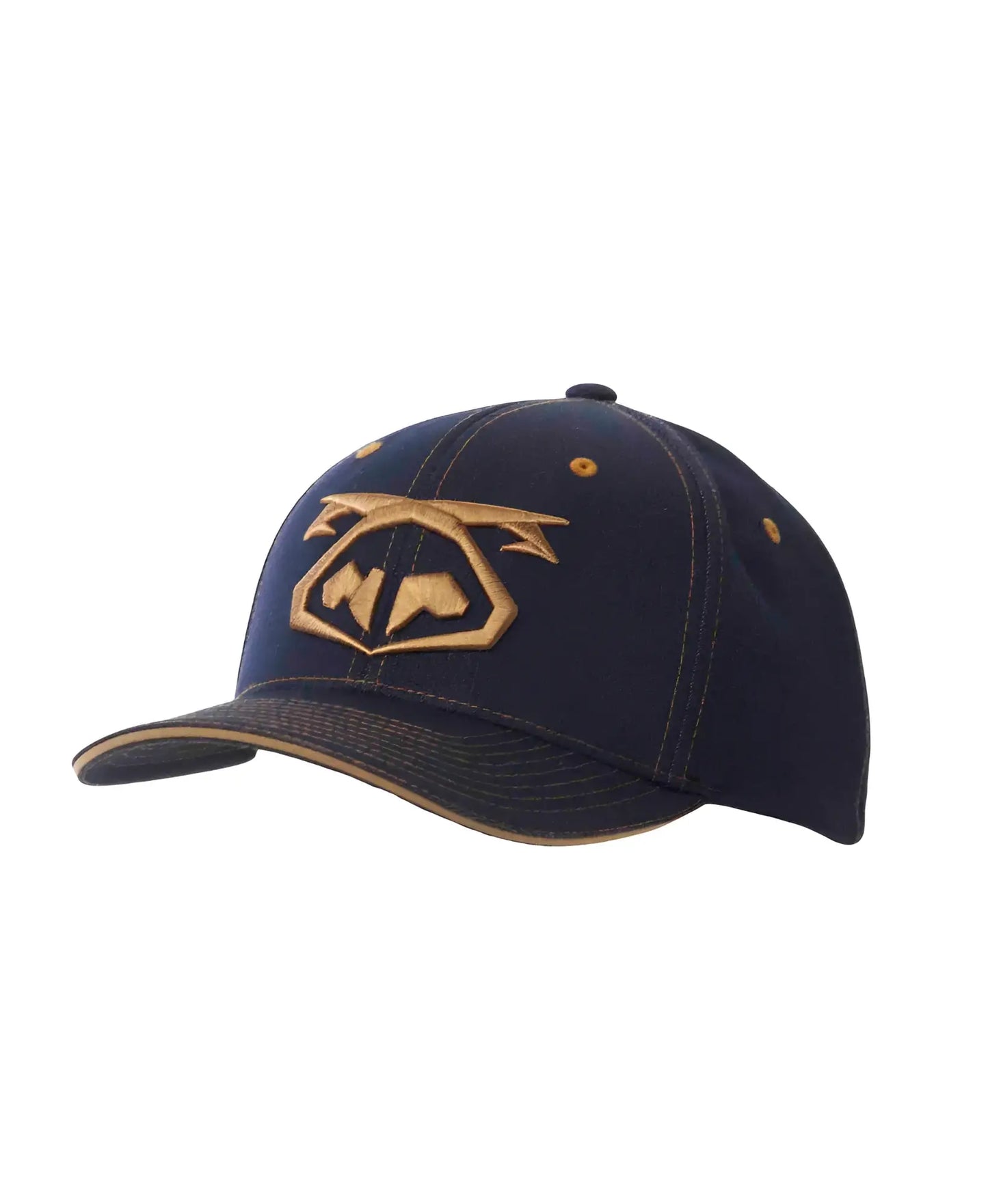 Dark blue denim snout 2-tone cap with gold embroidered logo and matching gold stitching on the brim