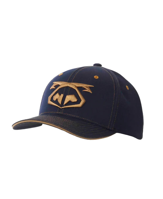 Dark blue denim snout 2-tone cap with gold embroidered logo and matching gold stitching on the brim