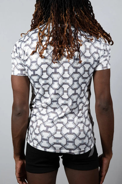 White short-sleeved athletic shirt with a geometric gray pattern designed for activewear in the designer inspired print tee collection