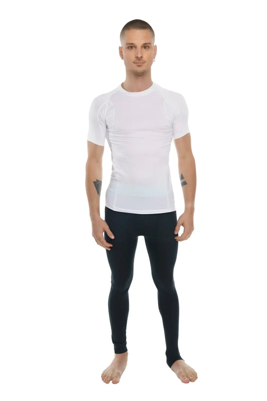 Designer Raglan crew-neck tee in arctic white with short sleeves and subtle ribbed texture for compression wear