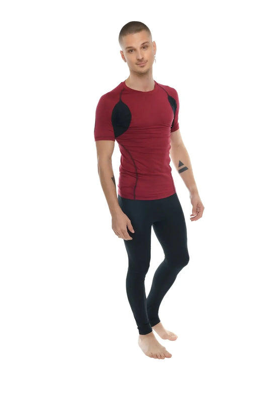 A men’s red and black designer raglan crew-neck performance short-sleeve top with a form-fitting design