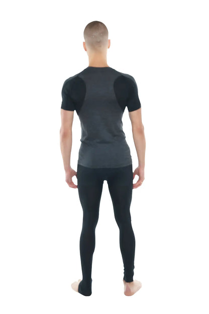 Black short-sleeved raglan crew-neck athletic top with dark gray shoulder panels in charcoal with black accents