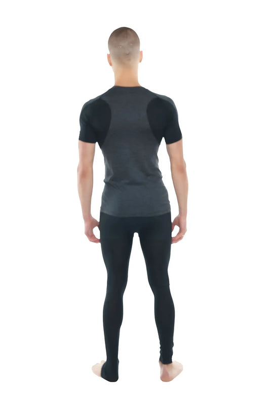 Black short-sleeved raglan crew-neck athletic top with dark gray shoulder panels in charcoal with black accents