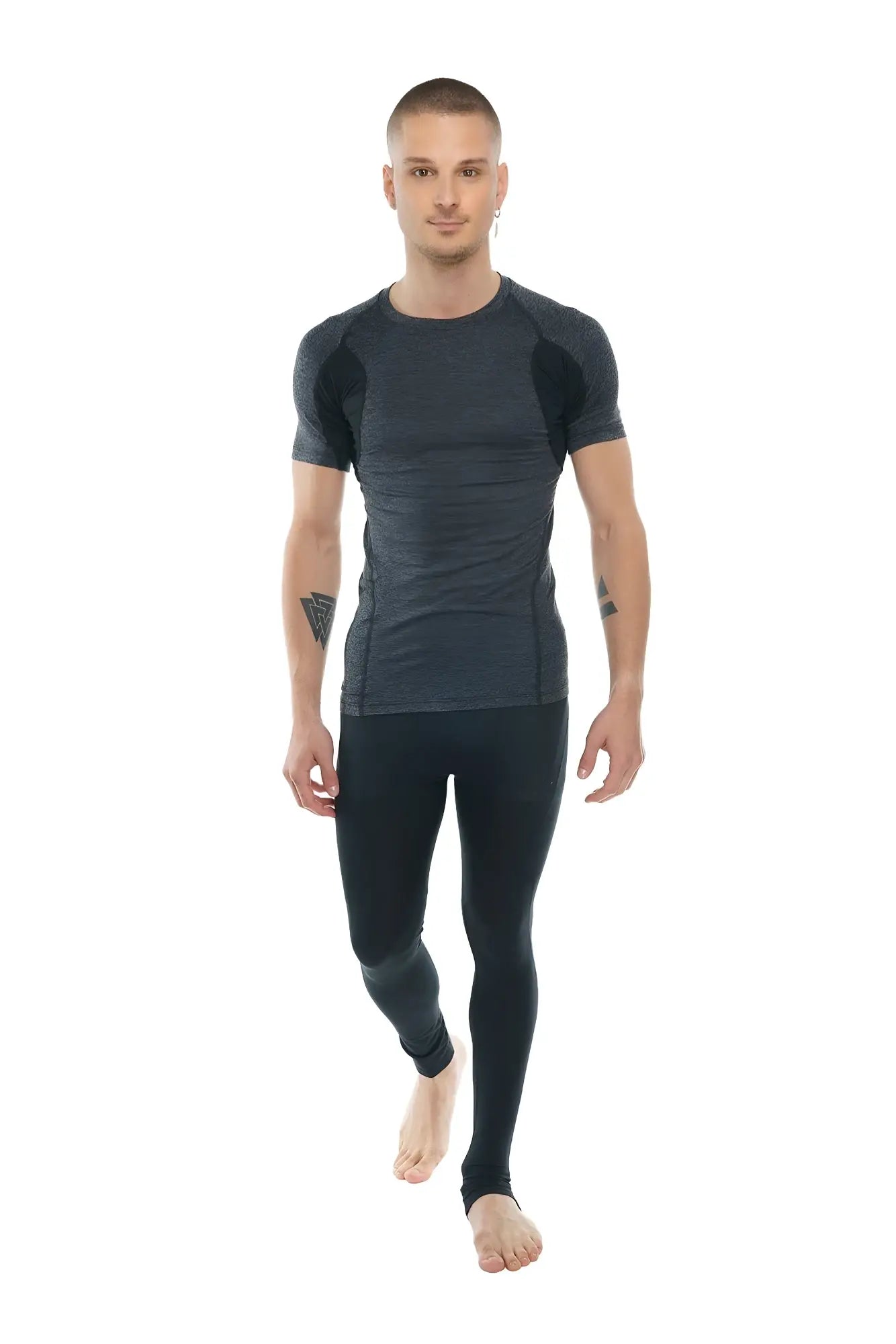 Dark gray performance short sleeve designer raglan crew neck tee with black shoulder panels for active wear