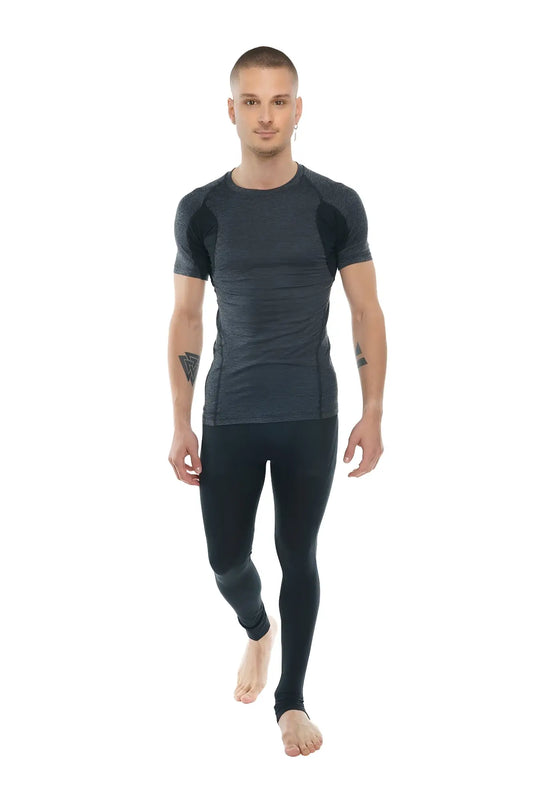 Dark gray performance short sleeve designer raglan crew neck tee with black shoulder panels for active wear