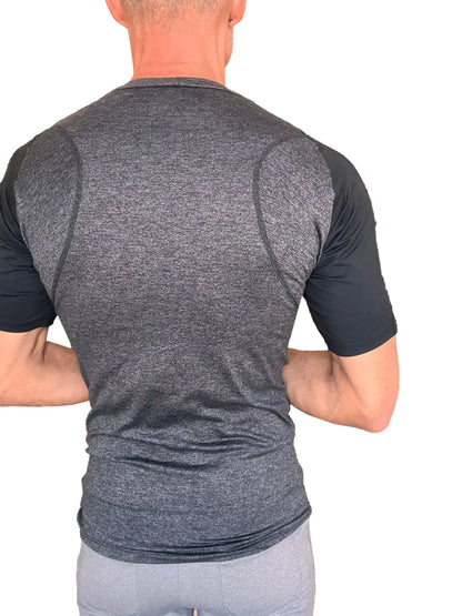 Men’s designer raglan crew-neck tee with heathered charcoal body, black sleeves, and performance seam detailing