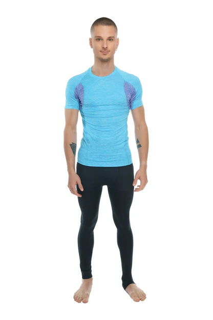 Designer raglan crew-neck tee in light blue with purple wing-like shoulder patterns and lavender accents for athletic wear