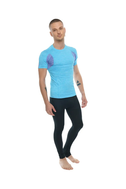 Designer raglan crew-neck tee coral shelf with lavender accent light blue short-sleeved athletic shirt with purple panels