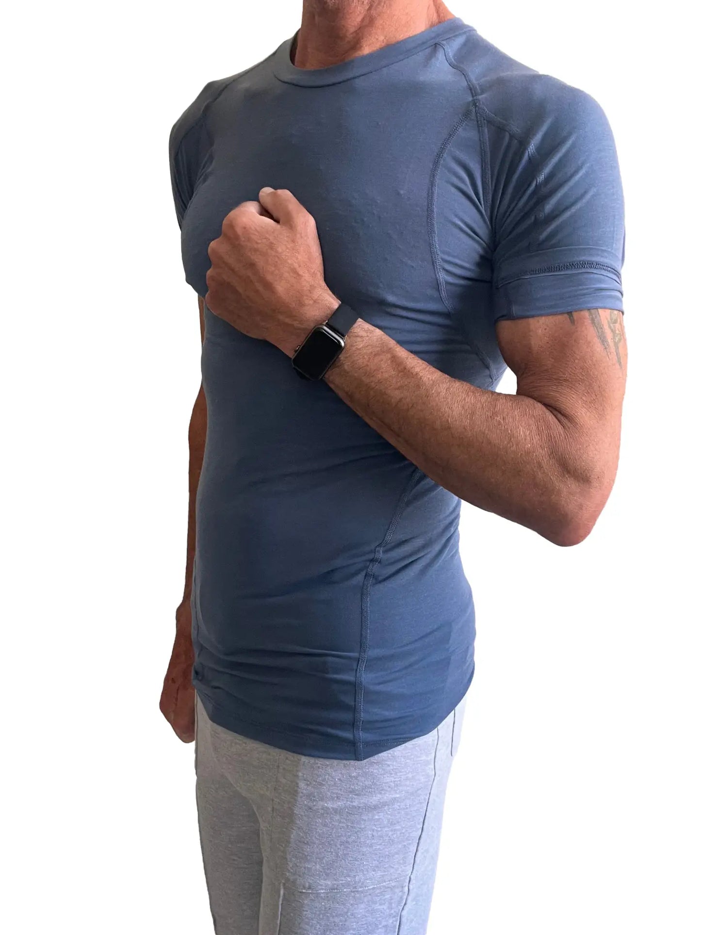 Blue athletic short-sleeved designer raglan crew-neck tee with fitted performance design in denim blue