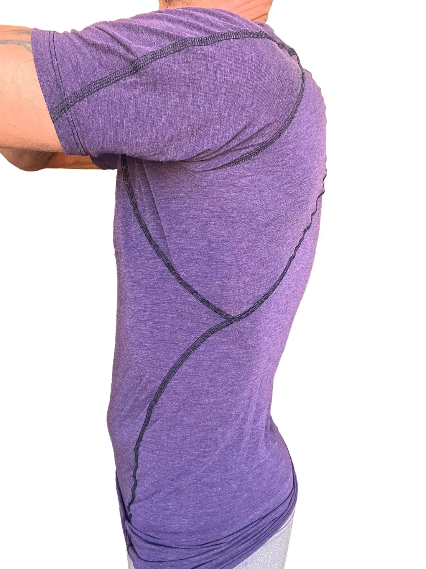 Designer raglan crew-neck tee in eggplant purple with black contrast stitching on purple heathered athletic fabric