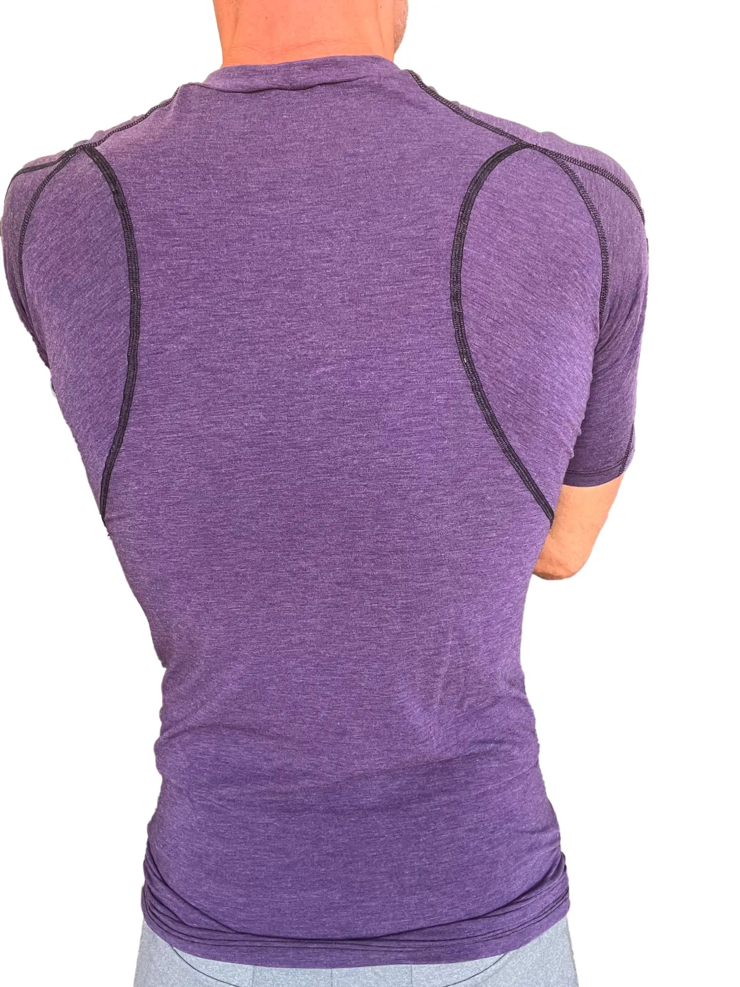 Purple heathered compression shirt with black seam detailing in designer raglan crew-neck tee eggplant purple