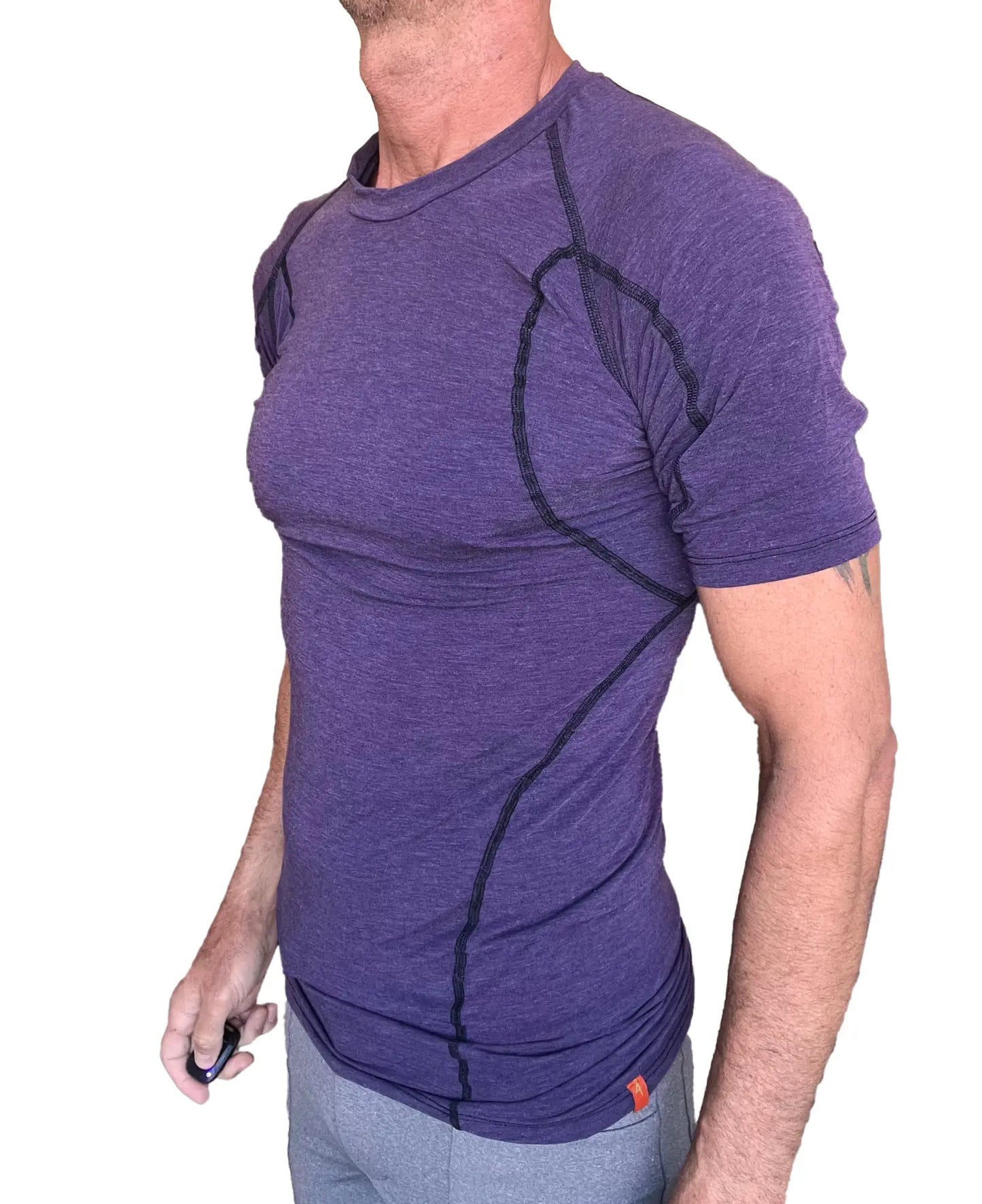 Purple heathered short-sleeve athletic designer raglan crew-neck tee with black seam detailing in eggplant purple