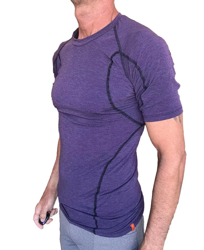 Purple heathered short-sleeve athletic designer raglan crew-neck tee with black seam detailing in eggplant purple