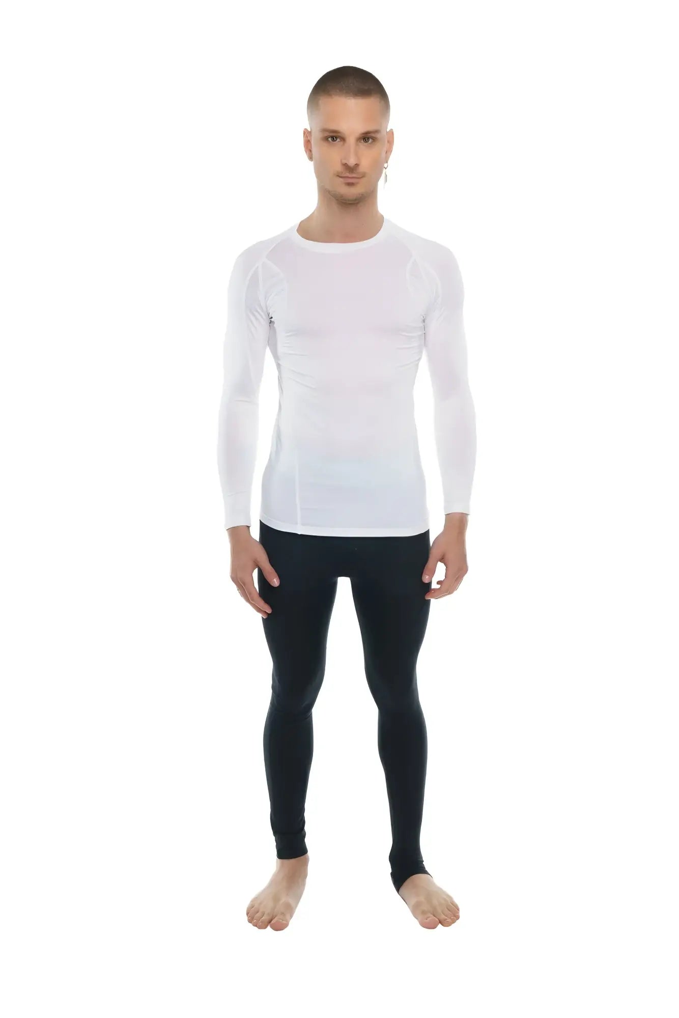 White long-sleeved designer raglan crew-neck compression shirt with subtle seam detailing in arctic white
