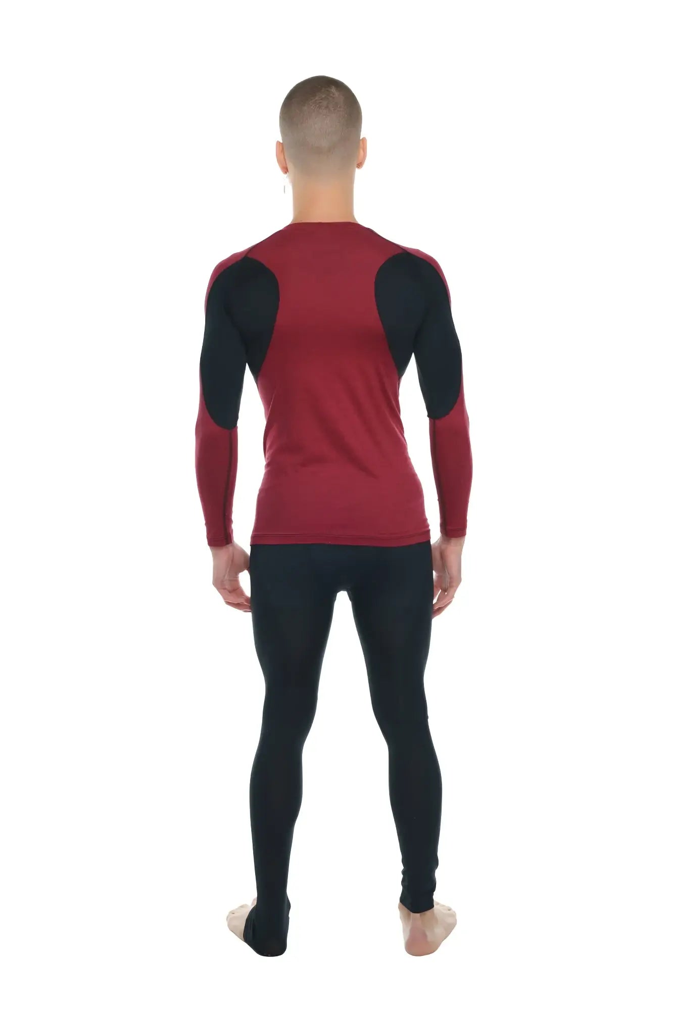 Designer raglan crew-neck long sleeve tee in brick red with black accent and contrasting shoulder panels for athletic wear