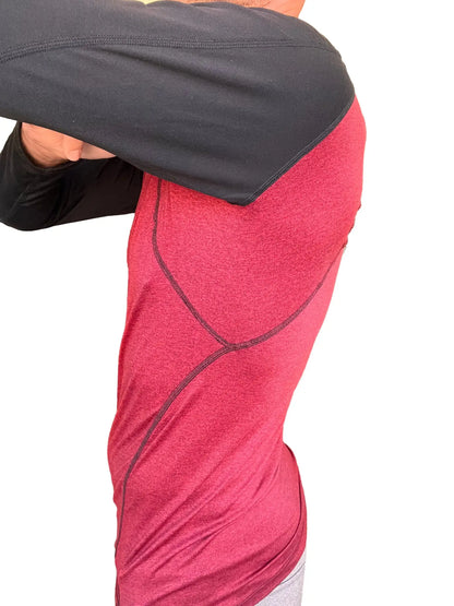 Designer raglan crew-neck long sleeve tee brick with black sleeve featuring textured fabric and reinforced seams