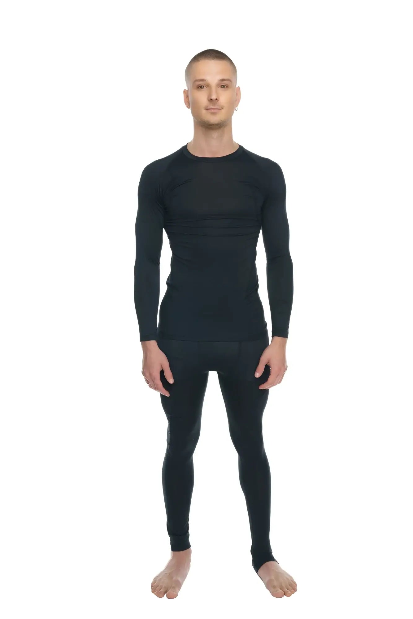 Black long-sleeved compression base layer set with designer raglan crew-neck tee in carbon black color