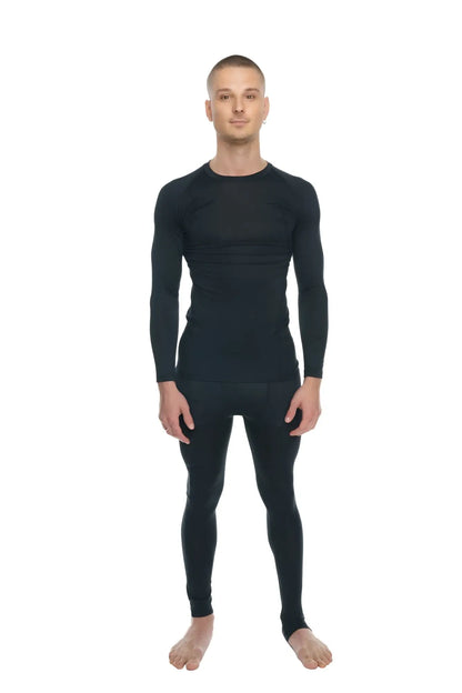 Black long-sleeved compression base layer set with designer raglan crew-neck tee in carbon black color