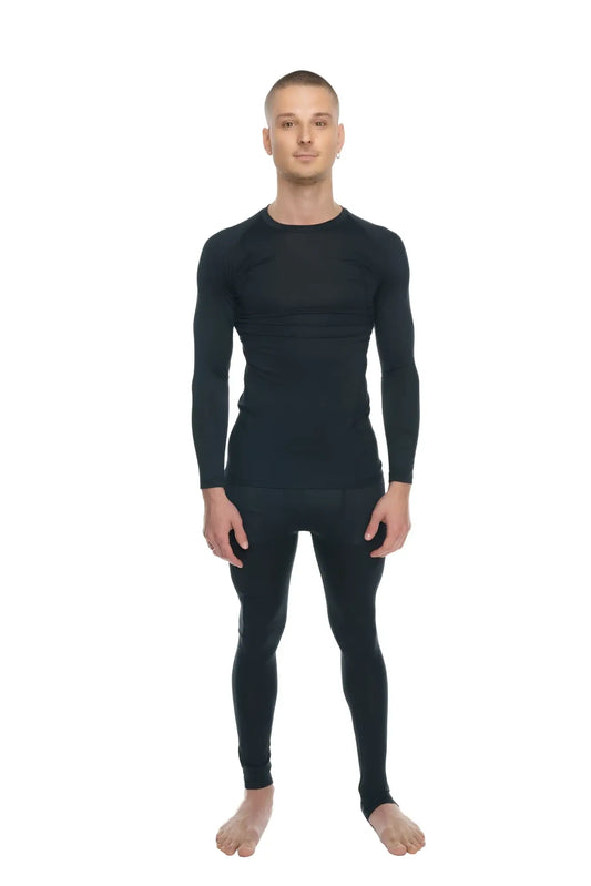 Black long-sleeved compression base layer set with designer raglan crew-neck tee in carbon black color