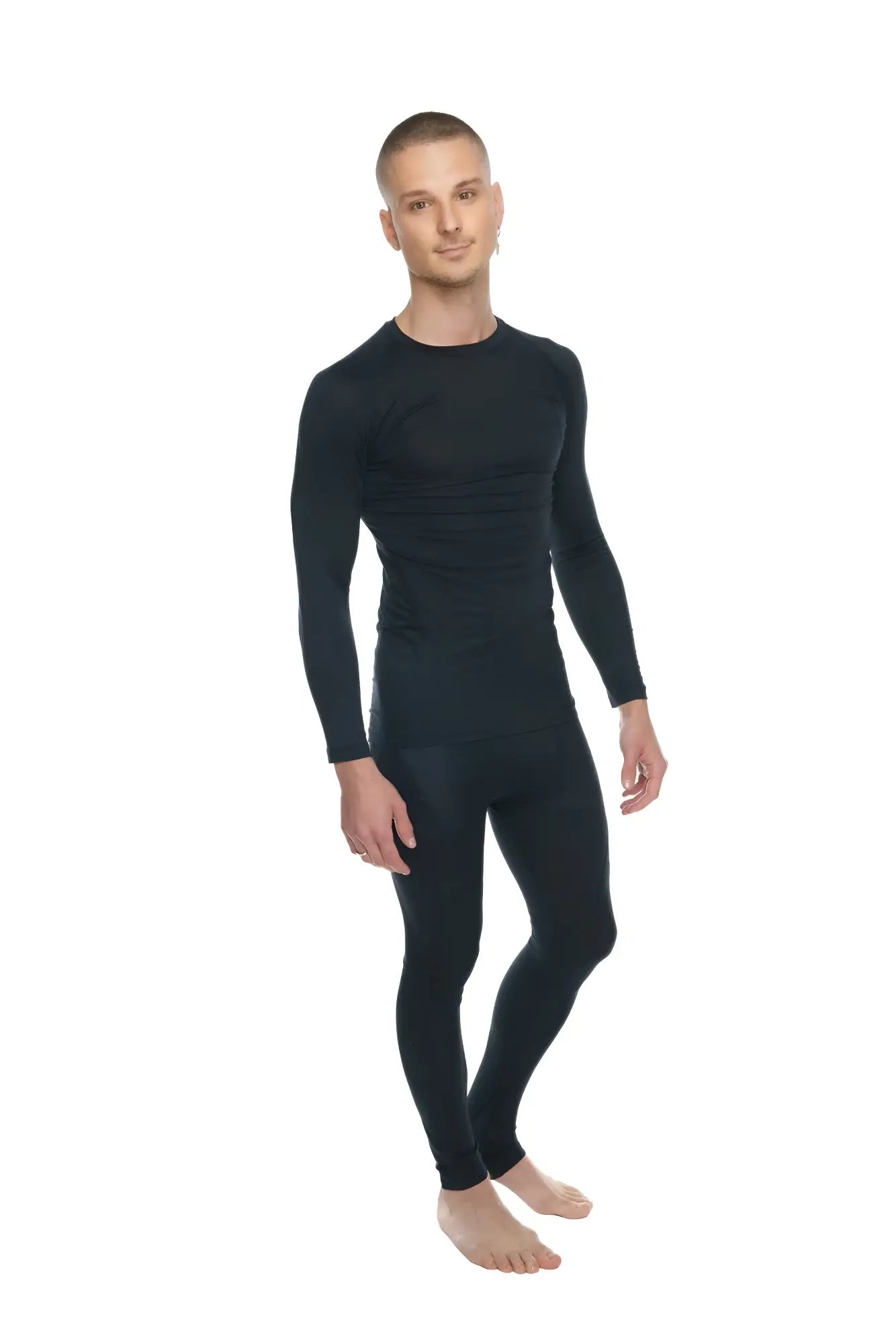 Black long-sleeved full-body compression suit shown from the back in designer raglan crew-neck tee carbon black style