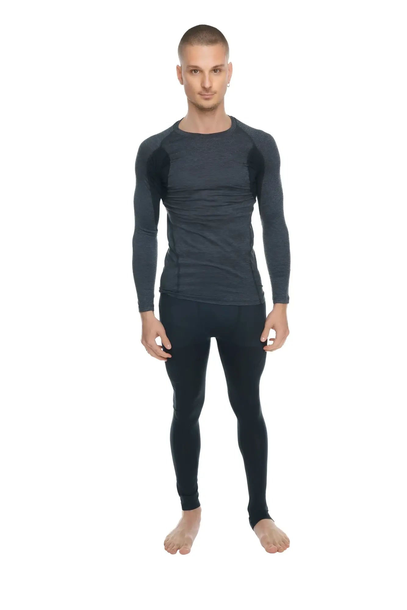 Designer raglan crew-neck tee long sleeve compression athletic wear set in charcoal with black accent for performance use