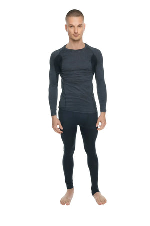 Designer raglan crew-neck tee long sleeve compression athletic wear set in charcoal with black accent for performance use