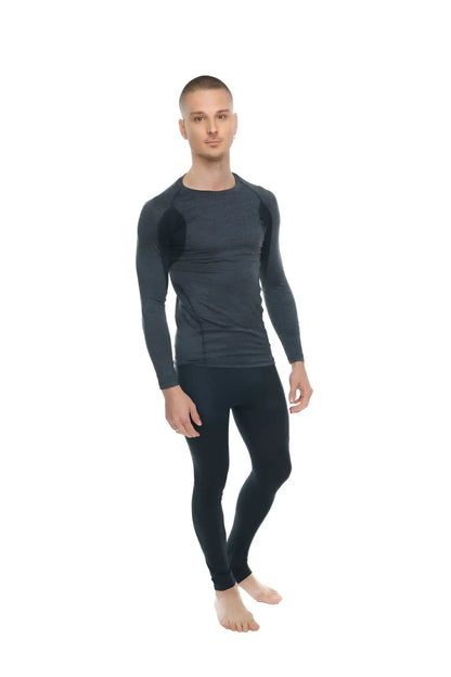 Black long-sleeved compression shirt with subtle textured panels on shoulders and torso in charcoal with black accent