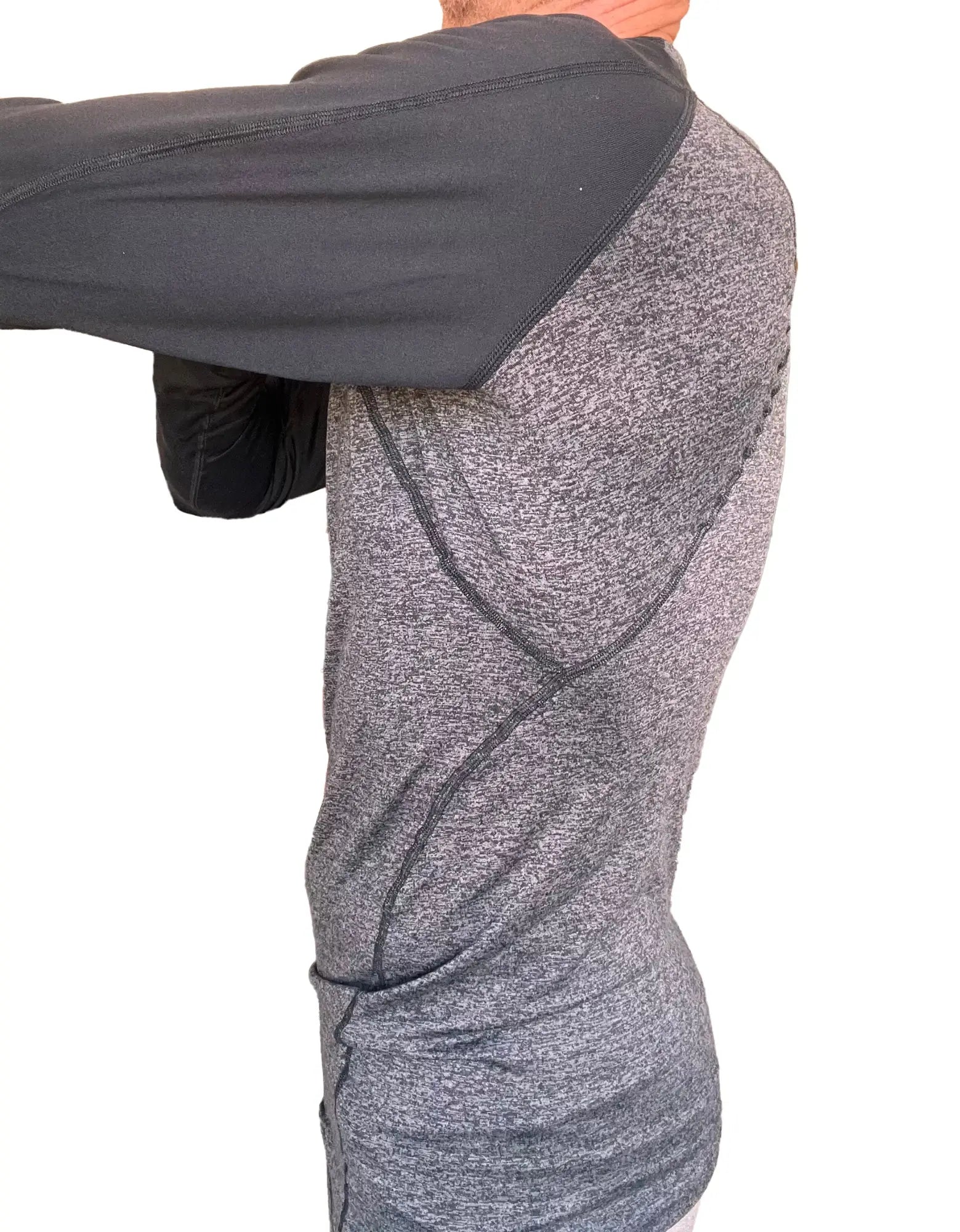 Gray heathered long-sleeve designer raglan crew-neck tee with black reinforced shoulder panels in charcoal and black