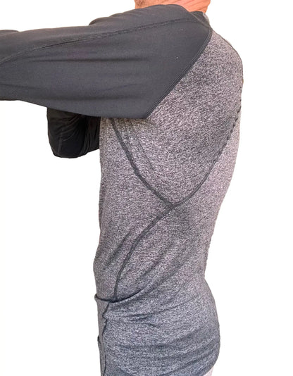 Gray heathered long-sleeve designer raglan crew-neck tee with black reinforced shoulder panels in charcoal and black
