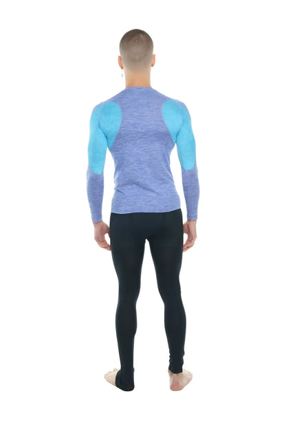 Designer raglan crew-neck long sleeve tee in blue and teal heathered performance fabric with textured finish