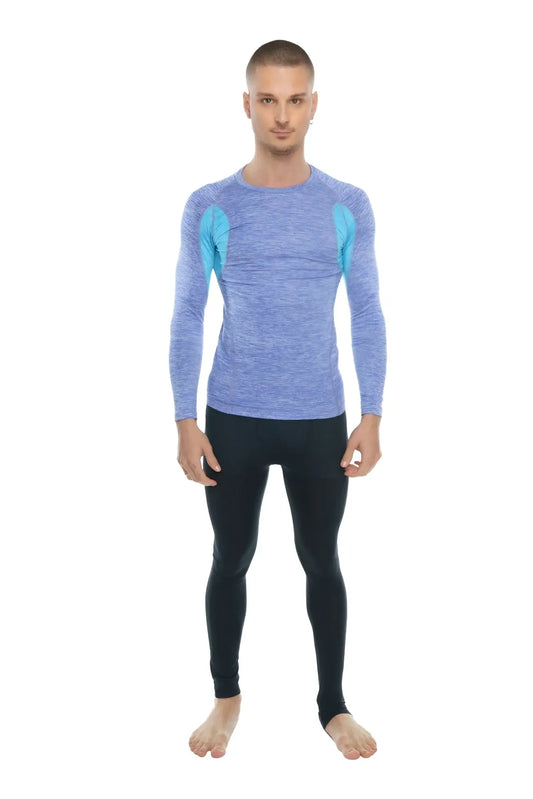 Designer raglan crew neck long sleeve tee in blue and teal with heathered texture performance fabric