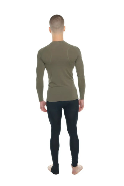 Olive green long sleeve designer raglan crew neck tee with fitted seamless performance fabric design