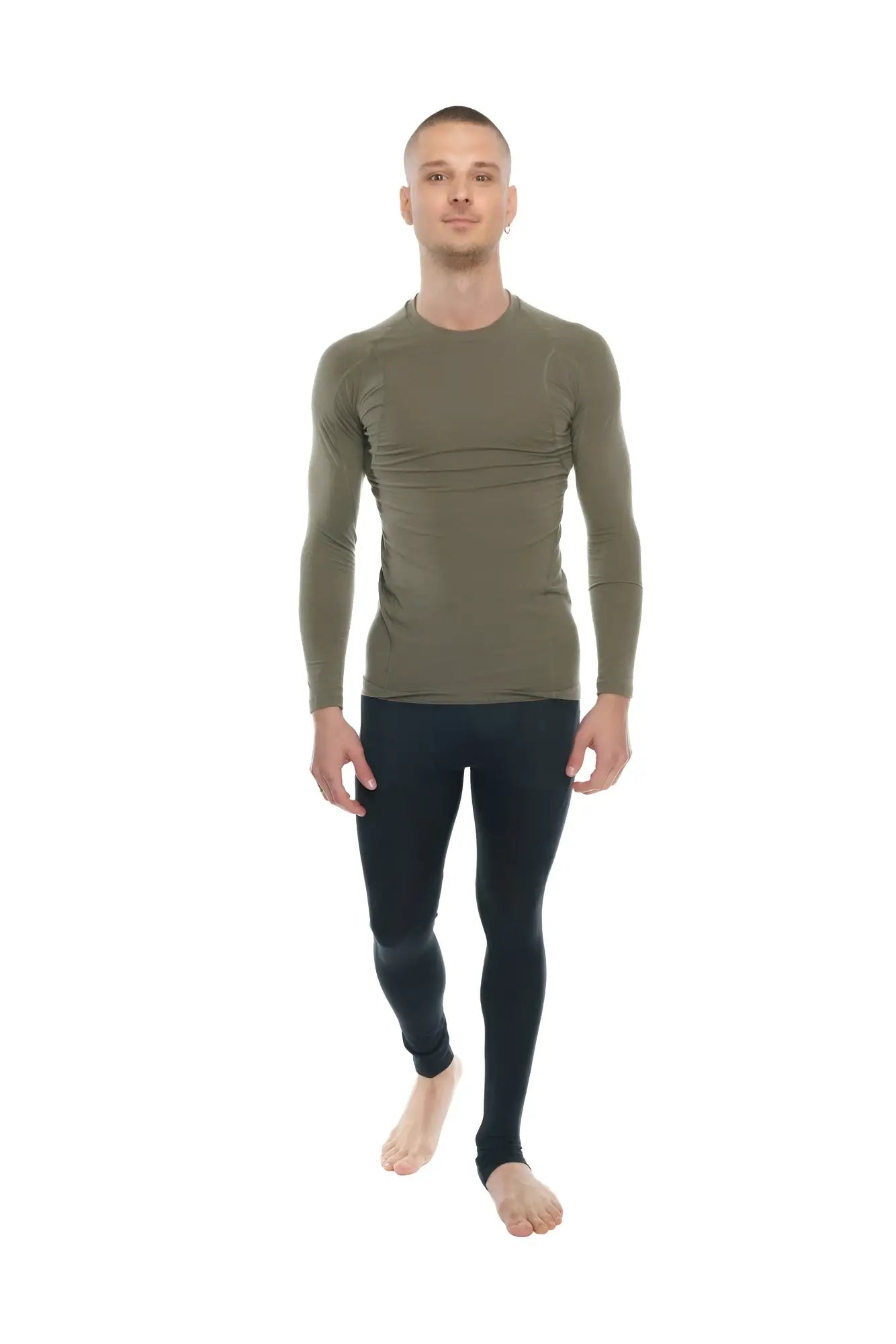 Olive green long-sleeved compression raglan crew-neck tee made from breathable fabric for athletic wear