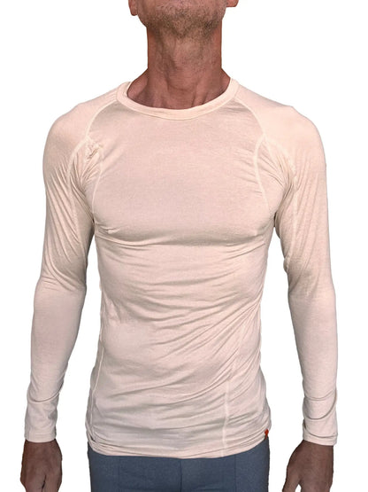 Beige long-sleeved performance raglan crew-neck tee with subtle seam detailing for active wear