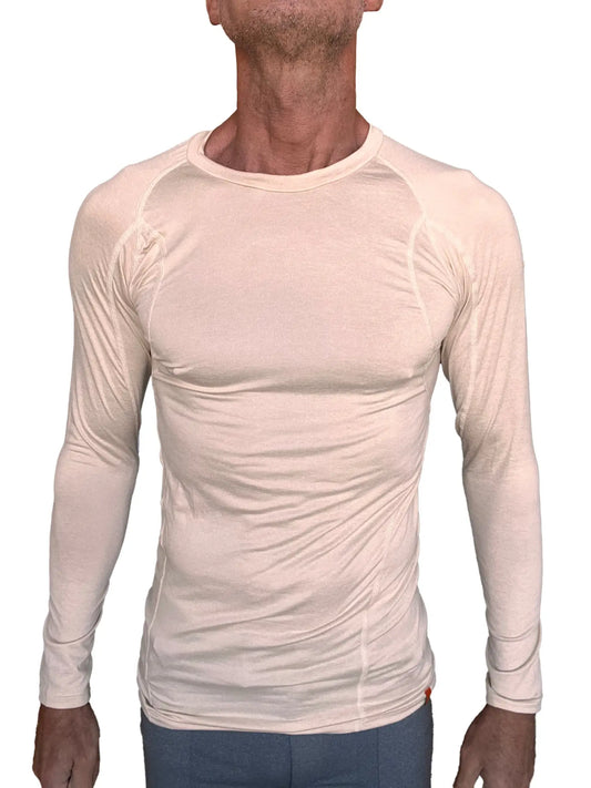 Beige long-sleeved performance raglan crew-neck tee with subtle seam detailing for active wear