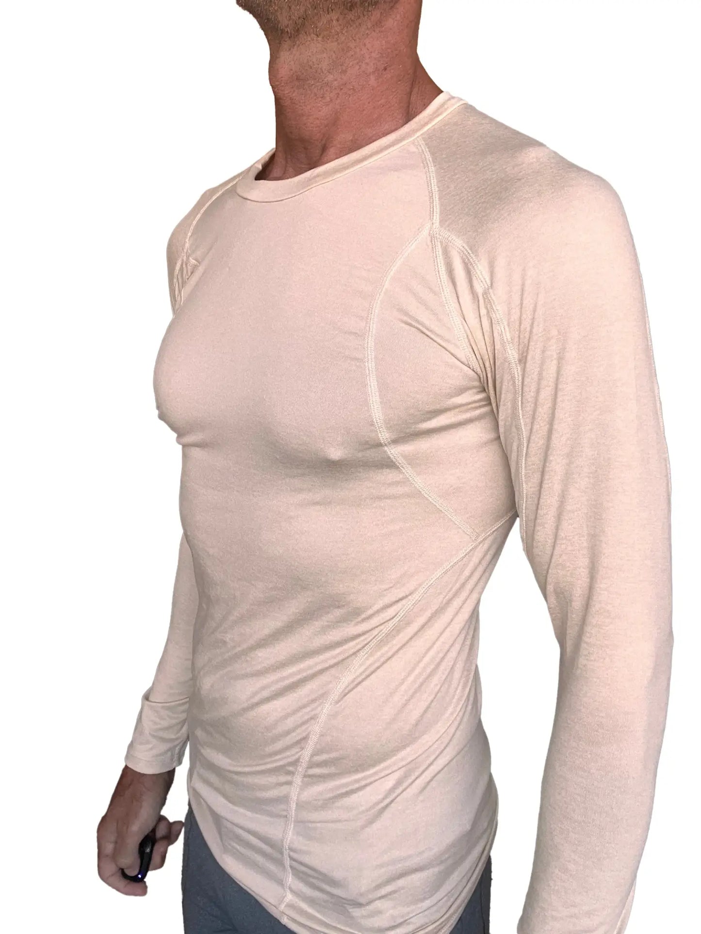 Beige long-sleeved designer raglan crew-neck tee with subtle seam detailing made from performance fabric