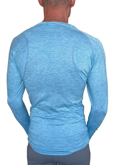 Light blue heathered long-sleeve athletic shirt with raglan sleeves and crew neck for activewear use