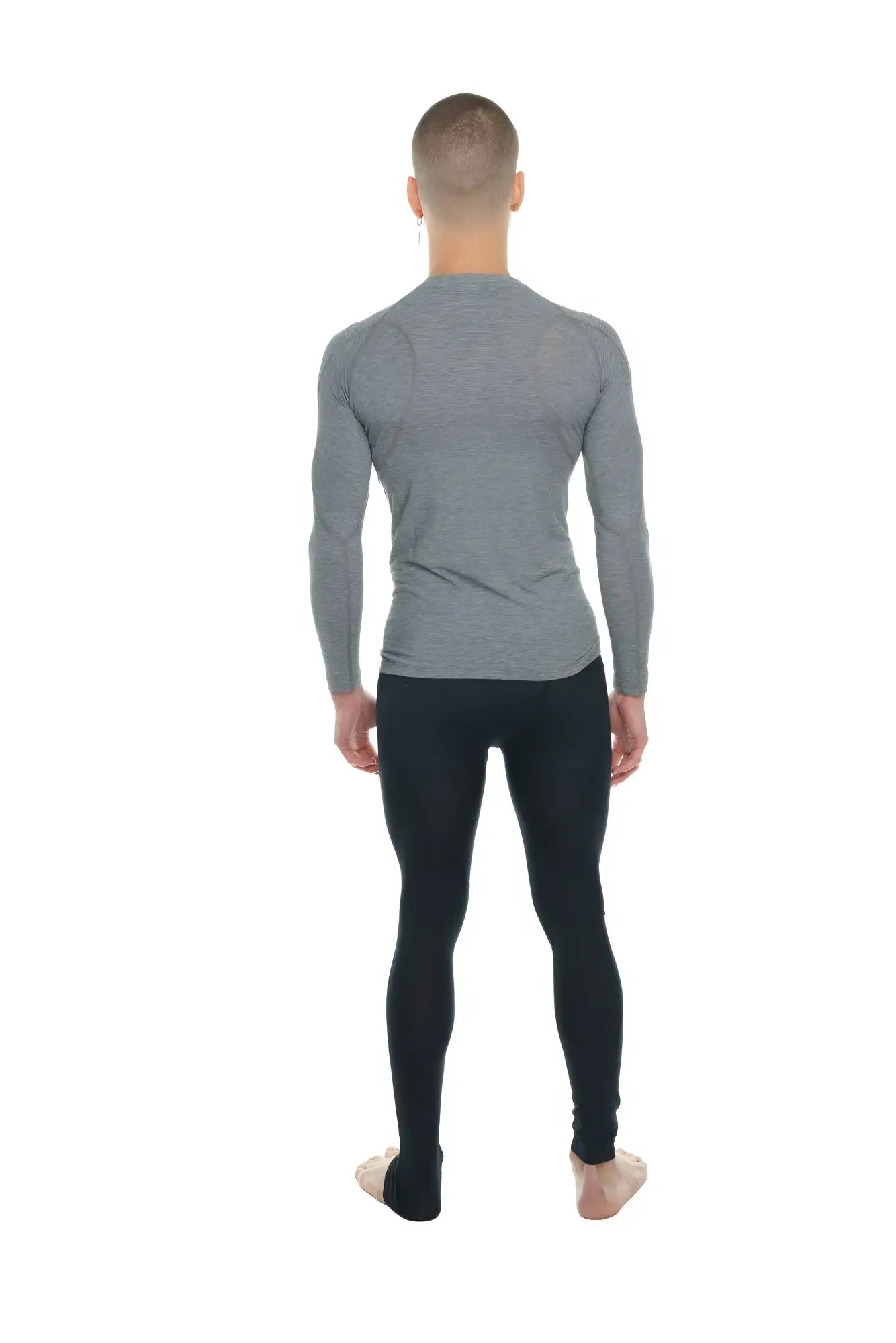 Designer raglan crew-neck long sleeve tee in steel gray with subtle horizontal ribbing and a snug athletic fit