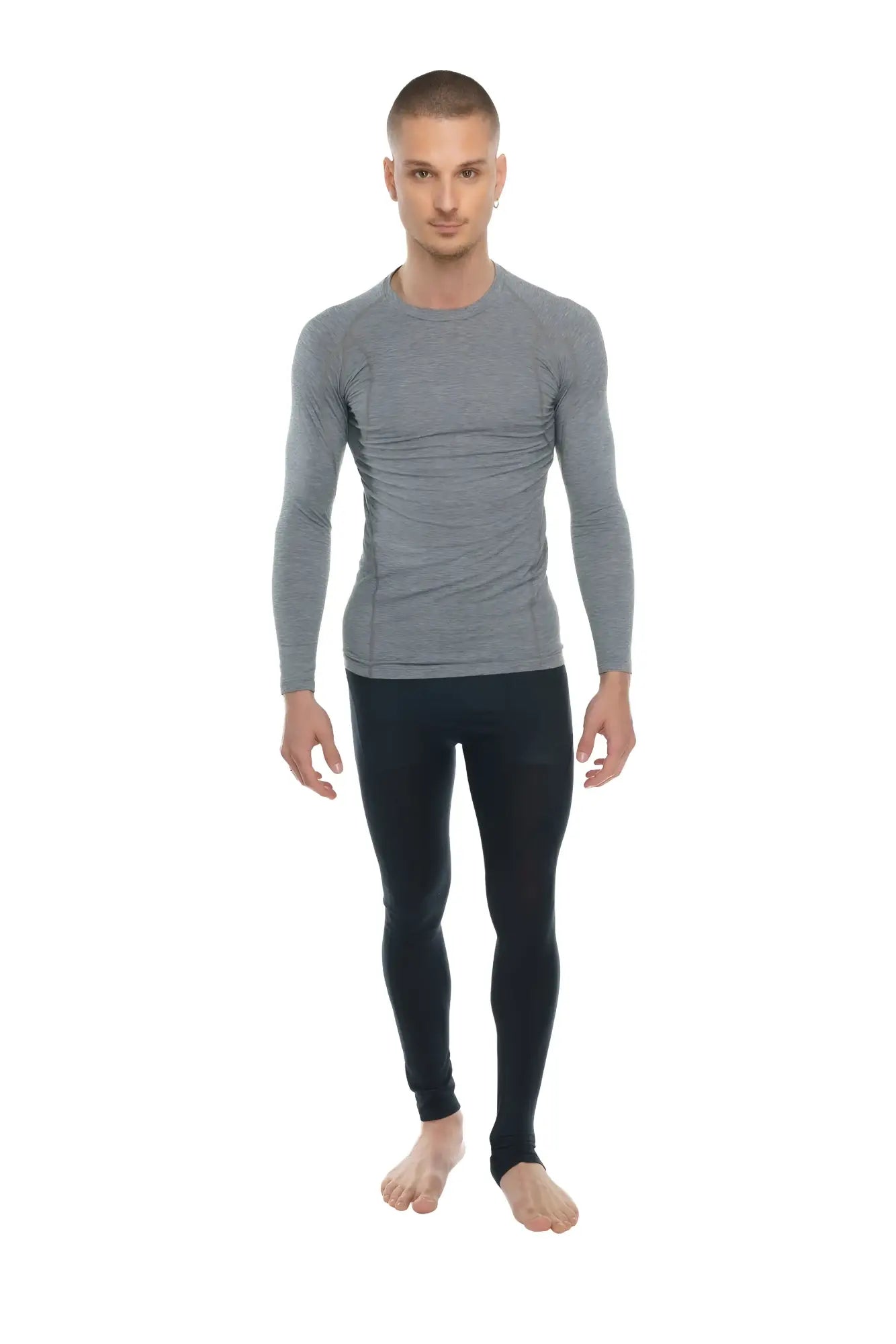 Gray long-sleeved compression shirt with subtle textured pattern designed as a steel gray raglan crew-neck tee