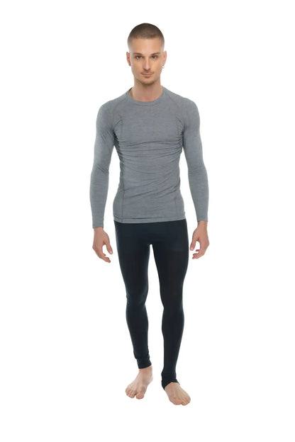 Gray long-sleeved compression shirt with subtle textured pattern designed as a steel gray raglan crew-neck tee