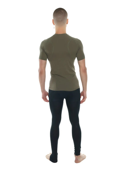 Olive green short-sleeved compression shirt with raglan sleeves and crew neck designed for athletic wear