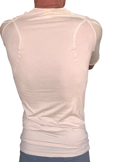 Cream-colored designer raglan crew-neck tee with reinforced seams and short sleeves in a form-fitting athletic style