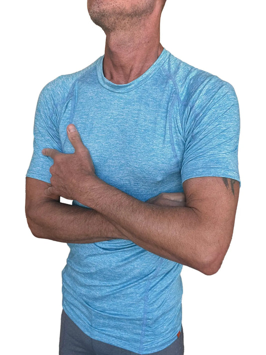 A light blue heathered short-sleeved designer raglan crew-neck athletic tee perfect for active wear