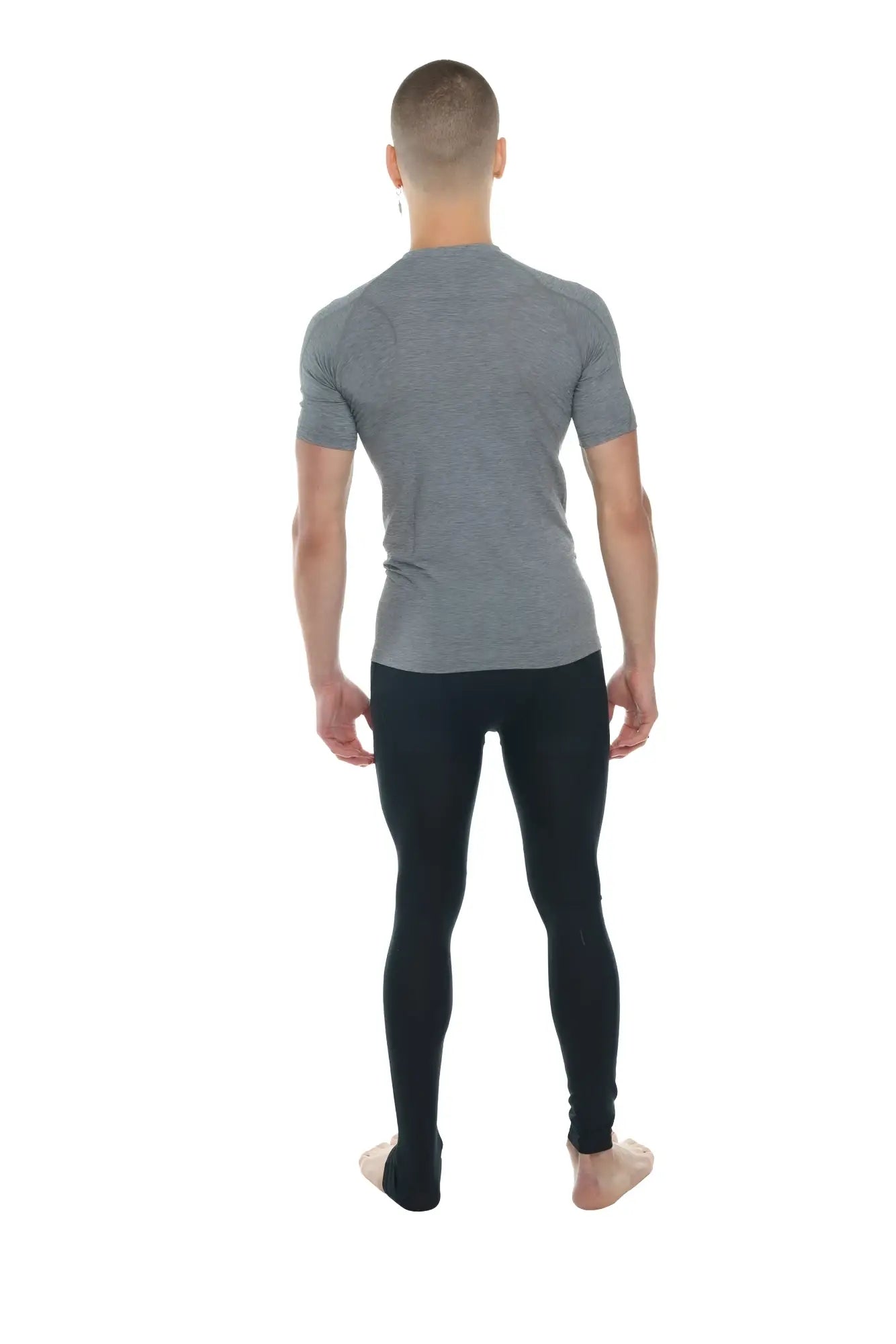 Gray heathered short-sleeved athletic shirt with crew neck and fitted design in steel gray for active wear