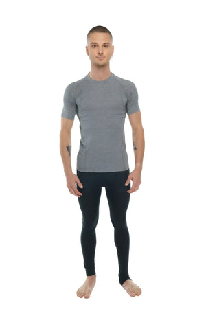 Gray heathered designer raglan crew-neck tee with short sleeves and subtle seam detailing for athletic wear